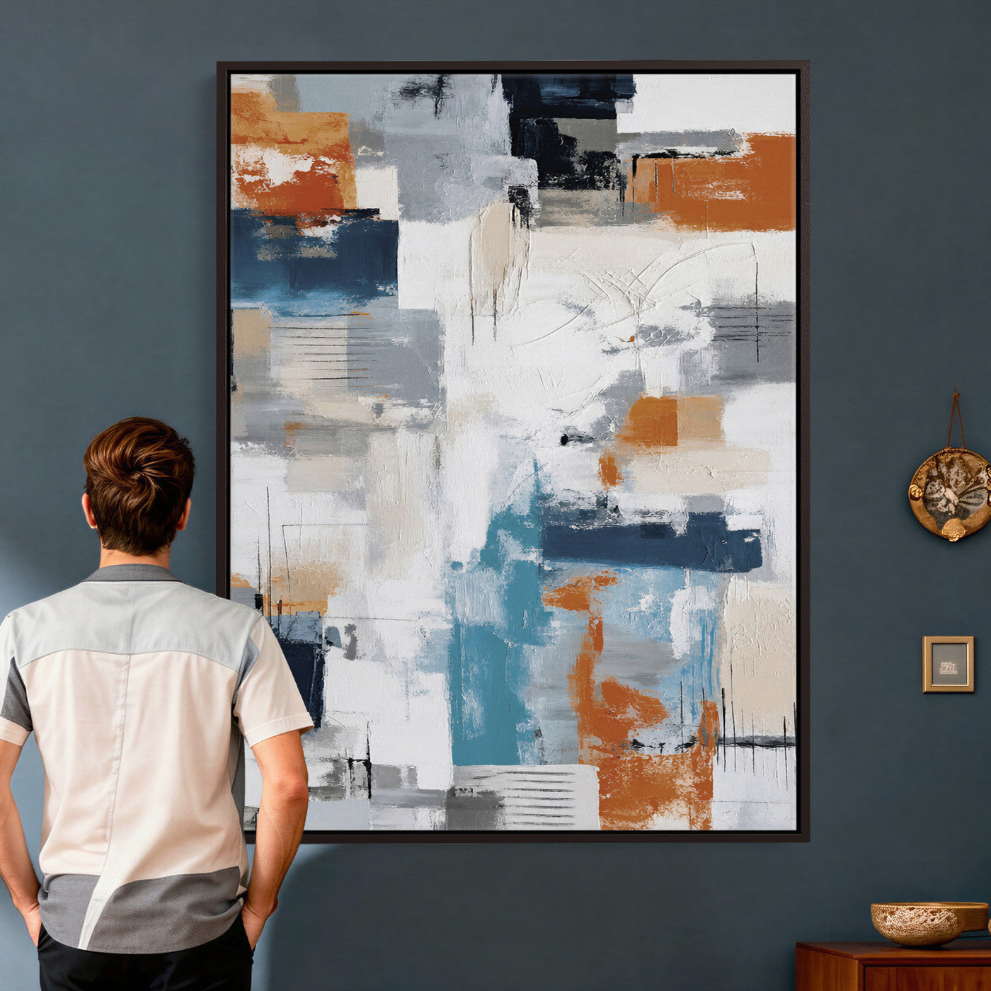 39825760-MGV-CV-24X36 - Blue Teal Abstract Canvas Wall Art, Modern Textured Painting Print, Navy Orange White Contemporary Art, Neutral Living Room Decor, Office Art
