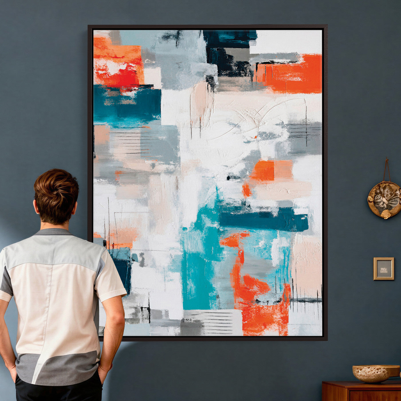 39825760-MGV-CV-24X36 - Blue Teal Abstract Canvas Wall Art - Modern Textured Painting Print, Navy Orange White Contemporary Art, Neutral Living Room Decor, Office Art