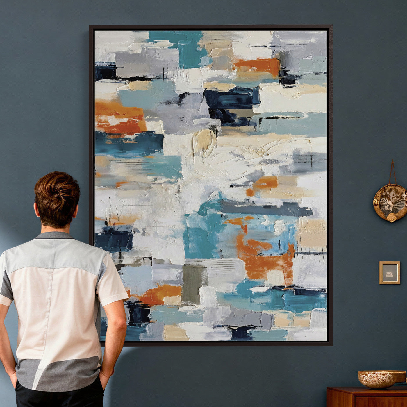 74742966-MGV-CV-24X36 - Blue Teal Abstract Canvas Wall Art, Modern Textured Painting Print, Navy Orange White Contemporary Art, Neutral Living Room Decor, Office Art