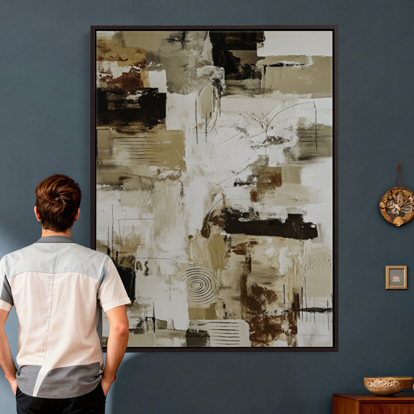 90644187-MGV-CV-24X36 - Blue Teal Abstract Canvas Wall Art, Modern Textured Painting Print, Navy Orange White Contemporary Art, Neutral Living Room Decor, Office Art