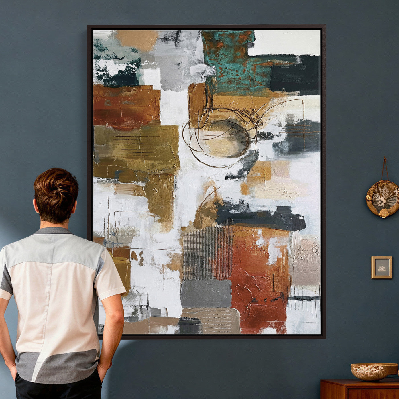 71530836-MGV-CV-24X36 - Blue Teal Abstract Canvas Wall Art, Modern Textured Painting Print, Navy Orange White Contemporary Art, Neutral Living Room Decor, Office Art