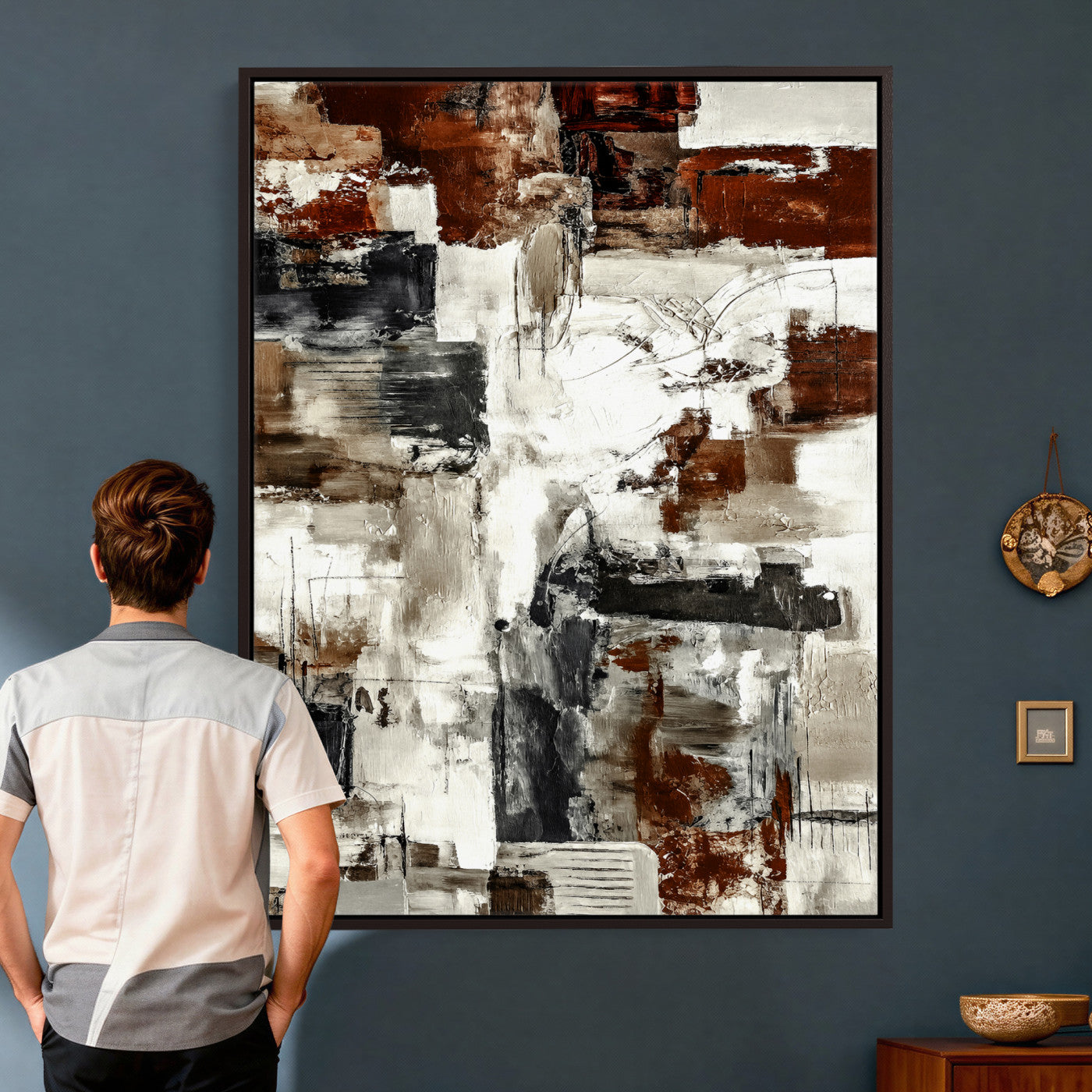 23953633-MGV-CV-24X36 - Blue Teal Abstract Canvas Wall Art, Modern Textured Painting Print, Navy Orange White Contemporary Art, Neutral Living Room Decor, Office Art