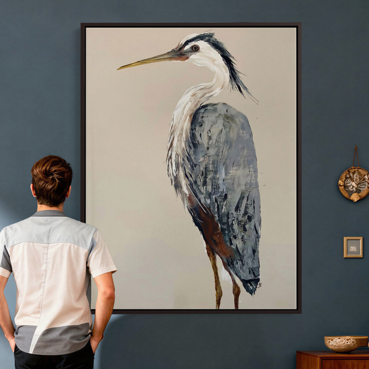 80349996-MGV-TP-24X36 - Great Blue Heron Canvas Wall Art - Coastal Bird Oil Painting Print for Home Wall Decor