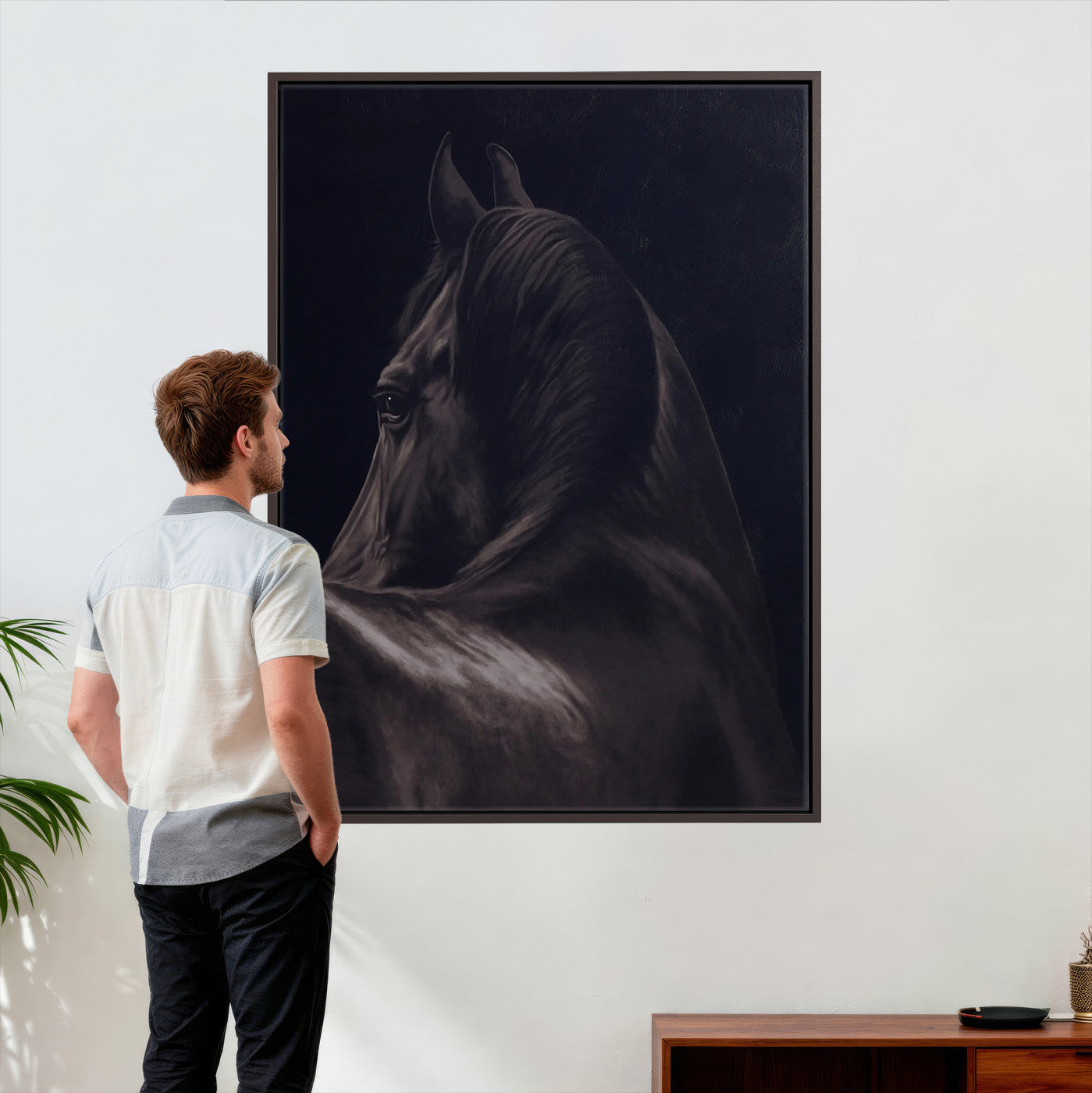77538596-MGV-CV-24X36 - Dark Horse Wall Art – Majestic Silhouette Canvas Print, Sleek Mane, Graceful Strength, Elegant Equine Form, Timeless Beauty Decor for Home or Office