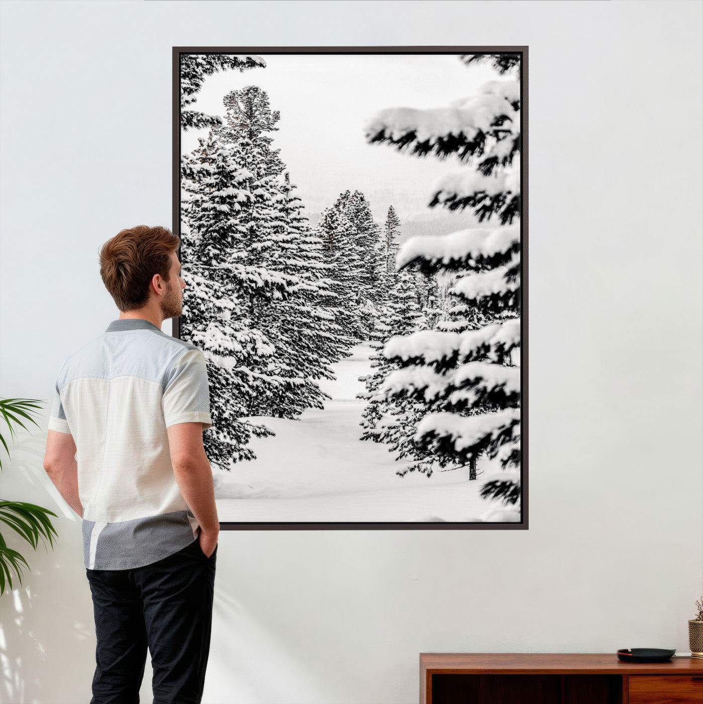42534505-MGV-CV-24X36 - Snowy Pine Forest Wall Art Canvas Print, Minimal Winter Woodland Landscape, Black and White Nature Artwork