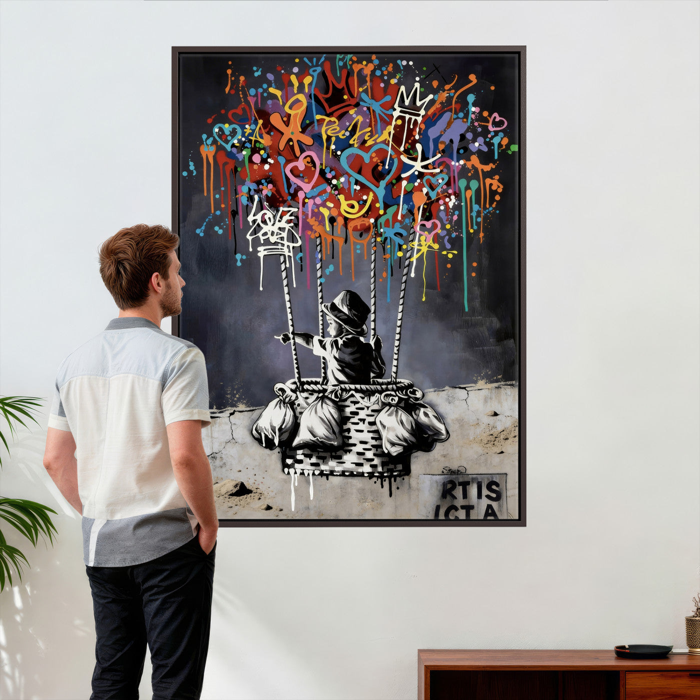 56325542-MGV-CV-24X36 - Banksy Inspired Boy Swing Wall Art Canvas Print, Graffiti Balloon Hearts Street Art, Colorful Urban Mural Artwork for Modern Living Room Decor