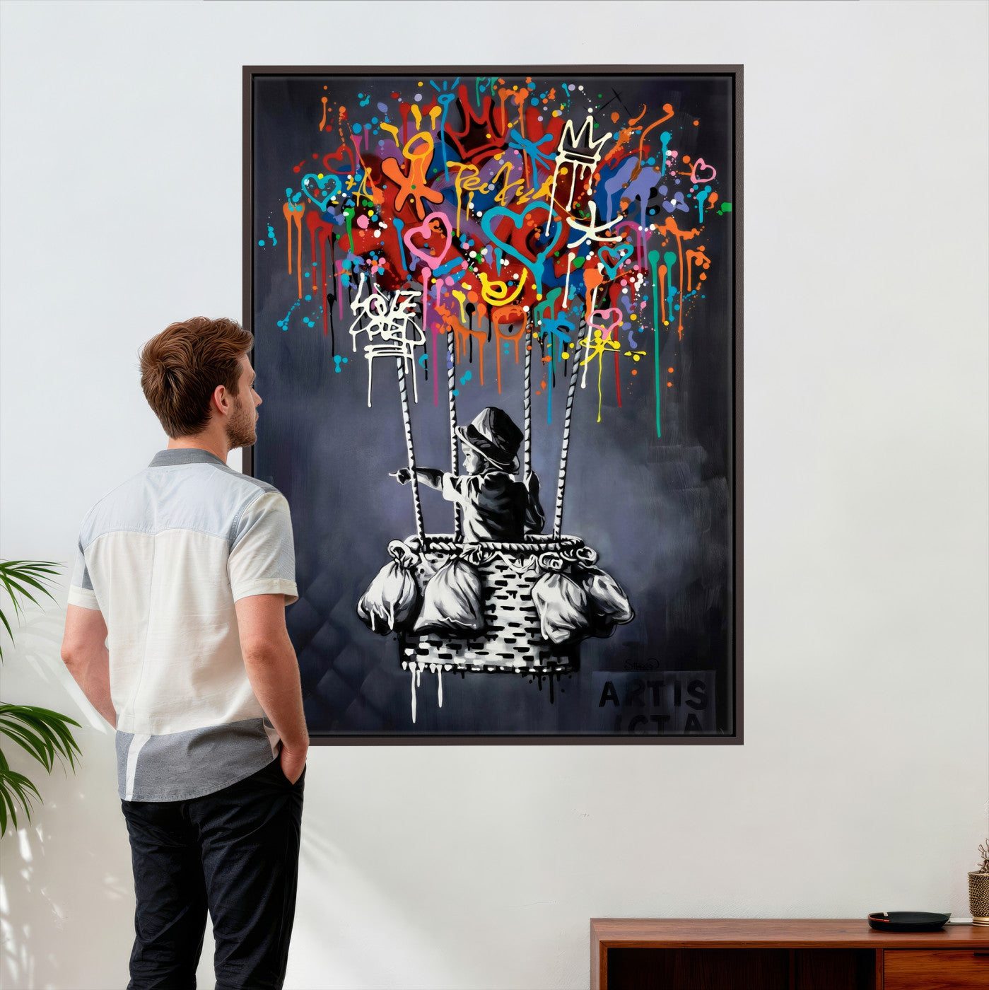 87352999-MGV-CV-24X36 - Banksy Inspired Boy Swing Wall Art Canvas Print, Graffiti Balloon Hearts Street Art, Colorful Urban Mural Artwork for Modern Living Room Decor