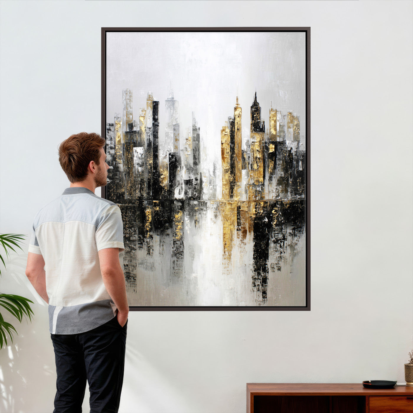 38126217-MGV-CV-24X36 - Abstract Urban Reflection Wall Art Canvas Print, Gold Black Modern Architecture Canvas Print, Contemporary Moody City Artwork for Living Room Decor