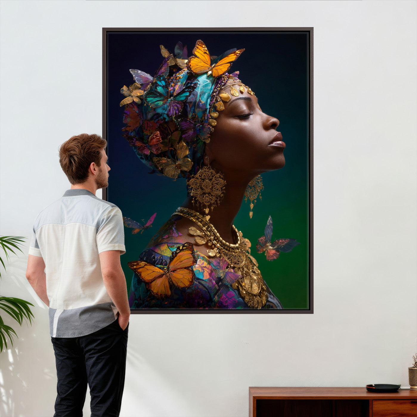 620930SZC0-MGV-CV-24X36 - Butterfly Crown Gold Woman Portrait — Monarch Queen Canvas Print | Teal Dark Fantasy Art | Boho Bedroom Wall Decor | Empowerment Gift Her