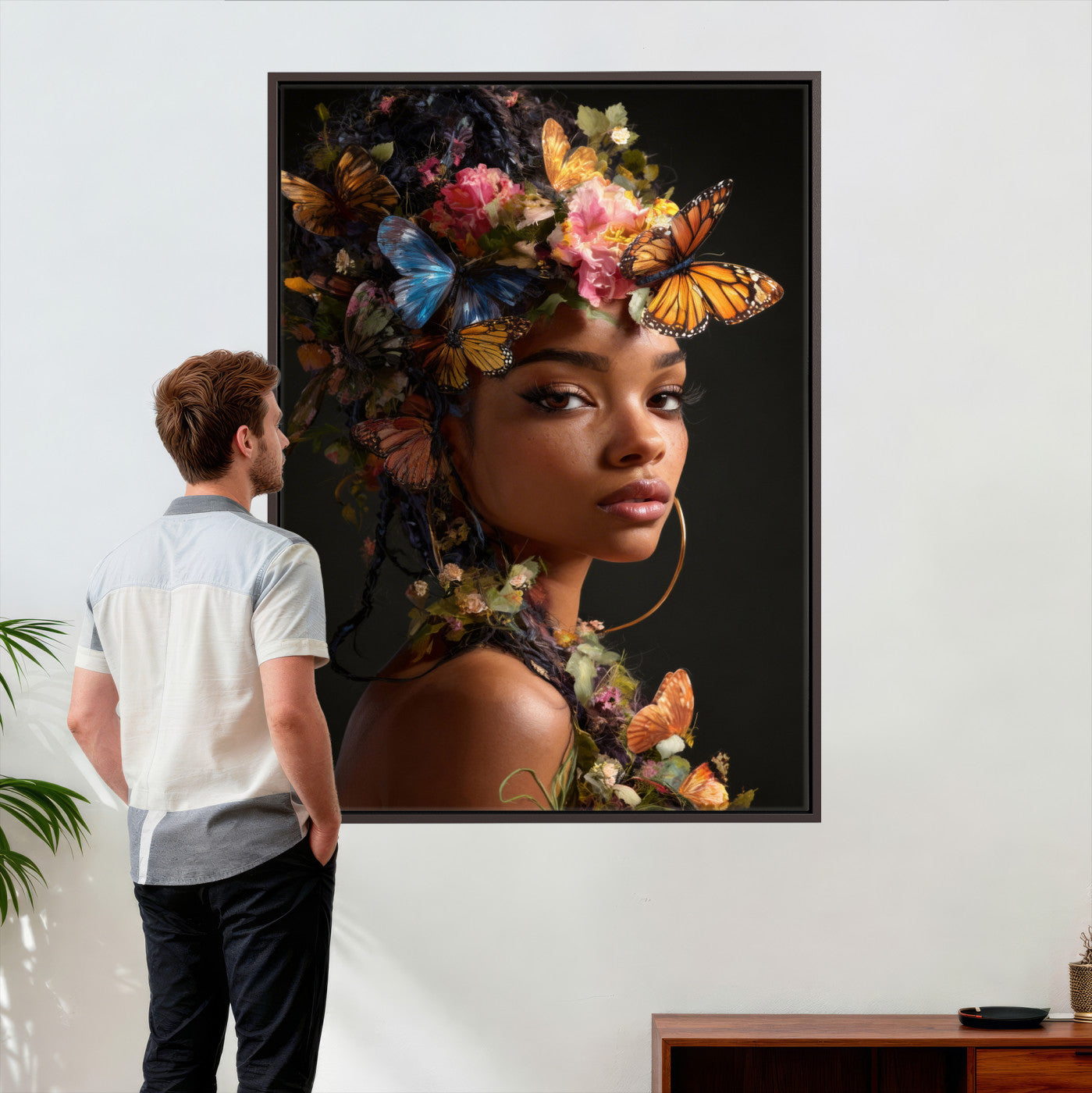 620930SZC10-MGV-CV-24X36 - Butterfly Crown Gold Woman Portrait — Monarch Queen Canvas Print | Teal Dark Fantasy Art | Boho Bedroom Wall Decor | Empowerment Gift Her