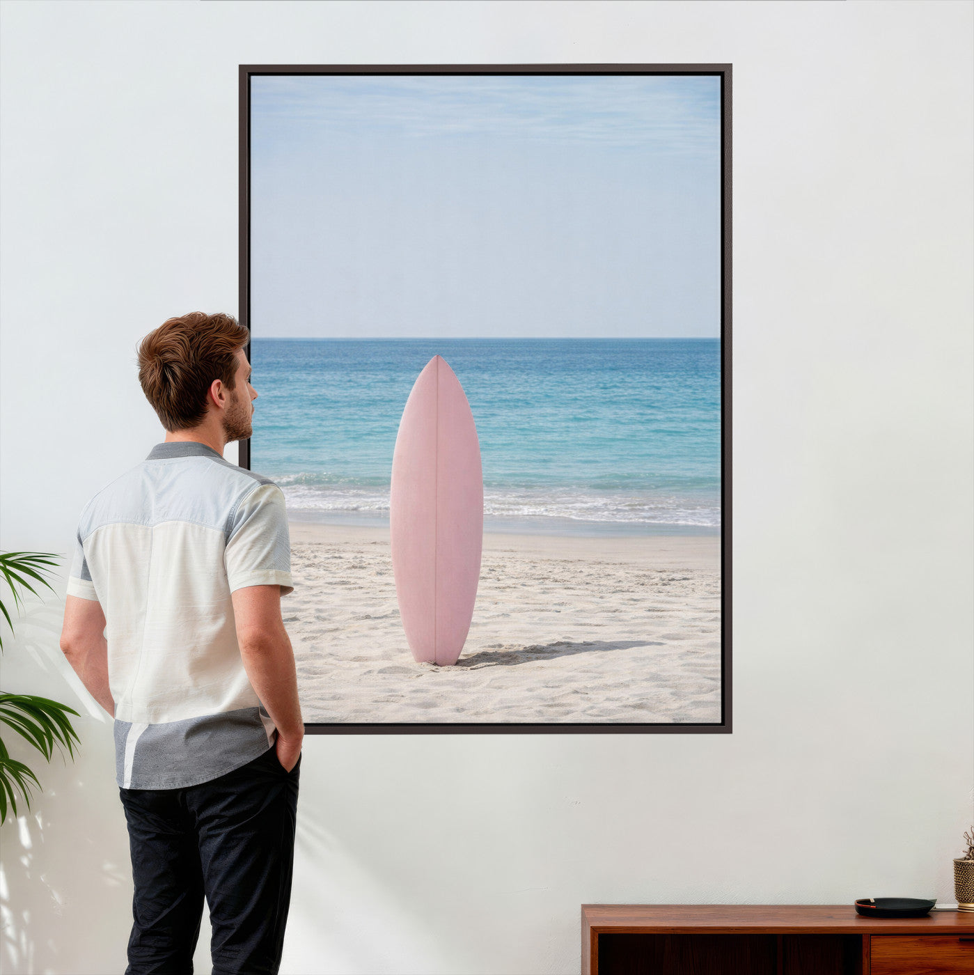 17265103-MGV-CV-24X36 - Pink Surfboard Canvas Wall Art, Minimalist Beach Photography Print, Pastel Ocean Coastal Decor, Girl Beach Room Art, Aesthetic Summer Wall Print