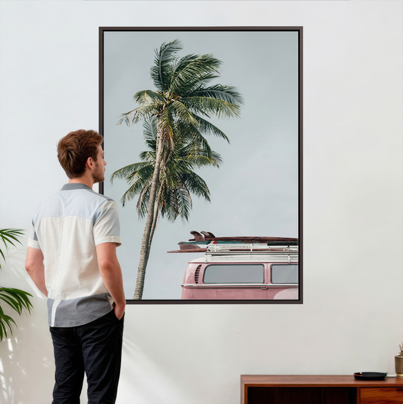 73117797-MGV-CV-24X36 - VW Van Palm Tree Canvas Wall Art, Pink Camper Surfboards Beach Print, Retro Surf Photography Decor, Coastal Boho Wall Art, Surfer Gift Idea