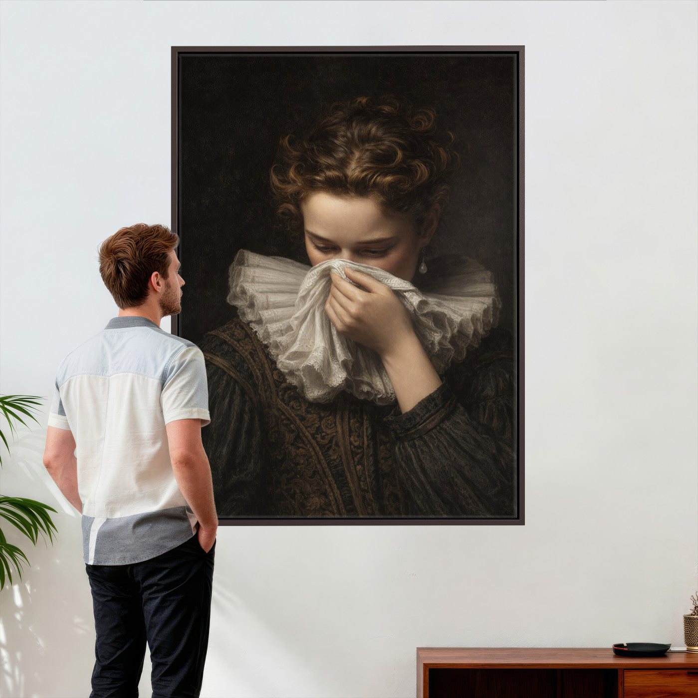 62652430-MGV-CV-24X36 - Baroque Portrait Canvas Wall Art, Flemish Woman with Lace Collar Print for Bathroom Wall Art, Funny Toilet Decor, Renaissance Style Portrait, Moody Vintage Wall Art