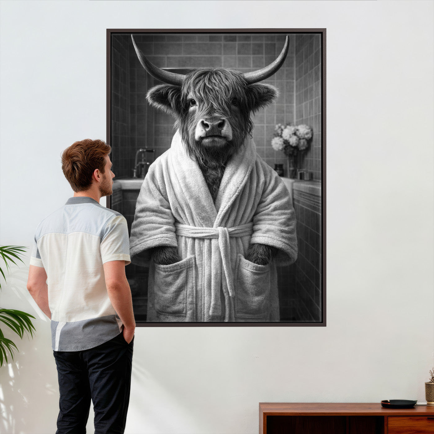 98453723-MGV-CV-24X36 - Funny Bathroom Wall Art Canvas Print, Highland Cow in Bathrobe, Black and White Humor Decor, Animal Bathroom Print, Farmhouse Bathroom Art