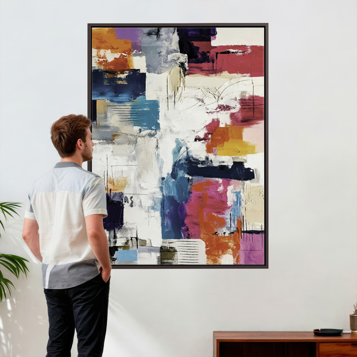 83175929-MGV-CV-24X36 - Blue Teal Abstract Canvas Wall Art, Modern Textured Painting Print, Navy Orange White Contemporary Art, Neutral Living Room Decor, Office Art
