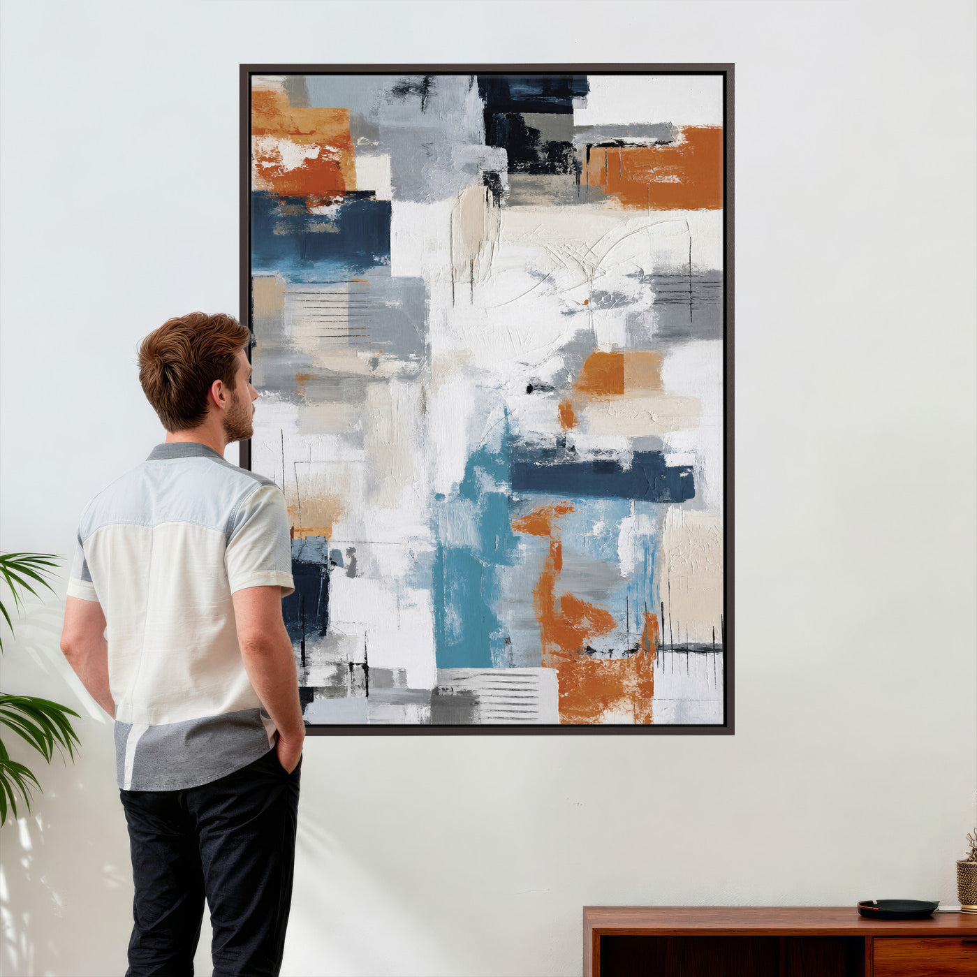 39825760-MGV-CV-24X36 - Blue Teal Abstract Canvas Wall Art, Modern Textured Painting Print, Navy Orange White Contemporary Art, Neutral Living Room Decor, Office Art