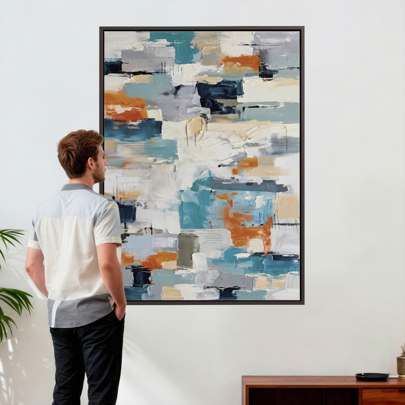74742966-MGV-CV-24X36 - Blue Teal Abstract Canvas Wall Art, Modern Textured Painting Print, Navy Orange White Contemporary Art, Neutral Living Room Decor, Office Art