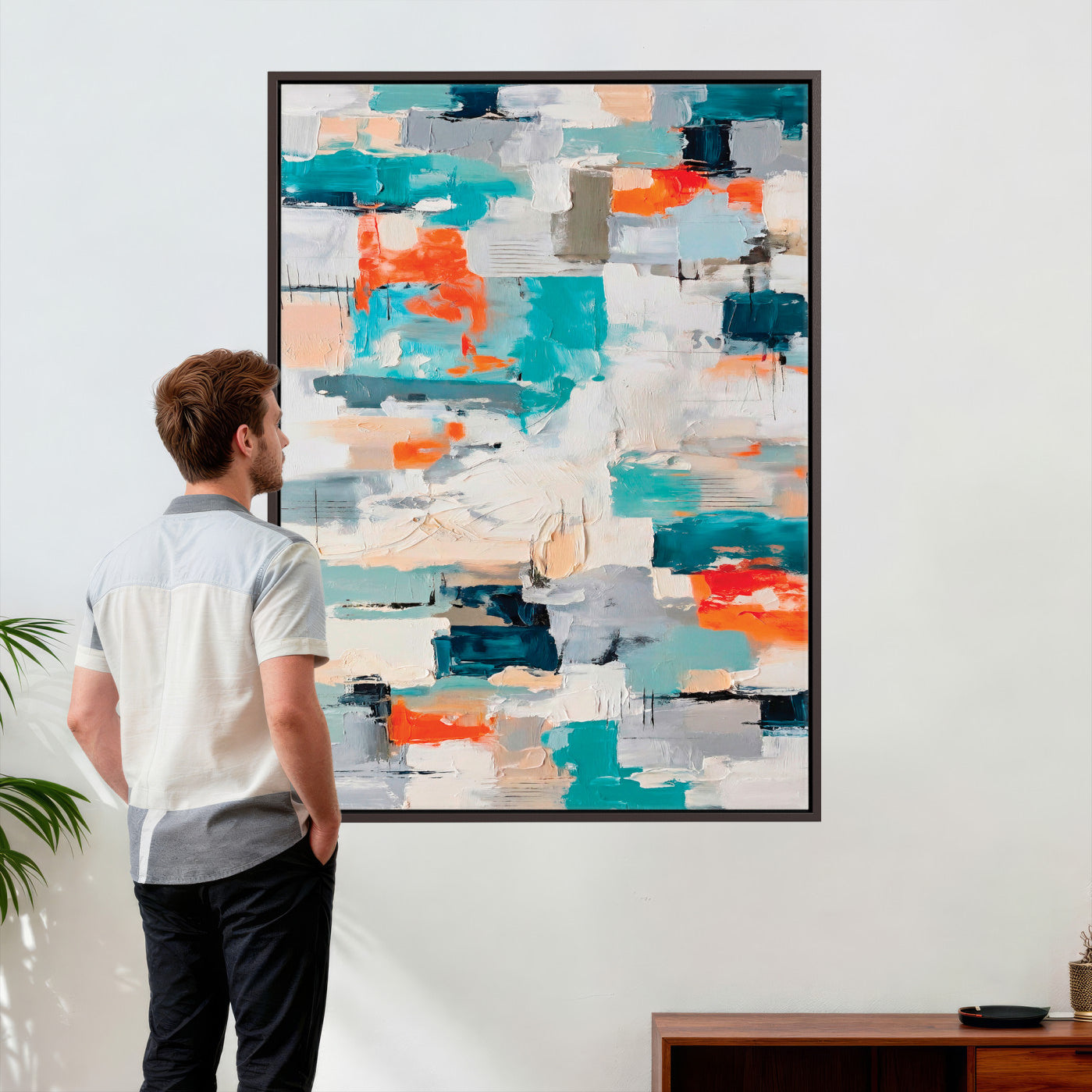 74742966-MGV-CV-24X36 - Blue Teal Abstract Canvas Wall Art - Modern Textured Painting Print, Navy Orange White Contemporary Art, Neutral Living Room Decor, Office Art