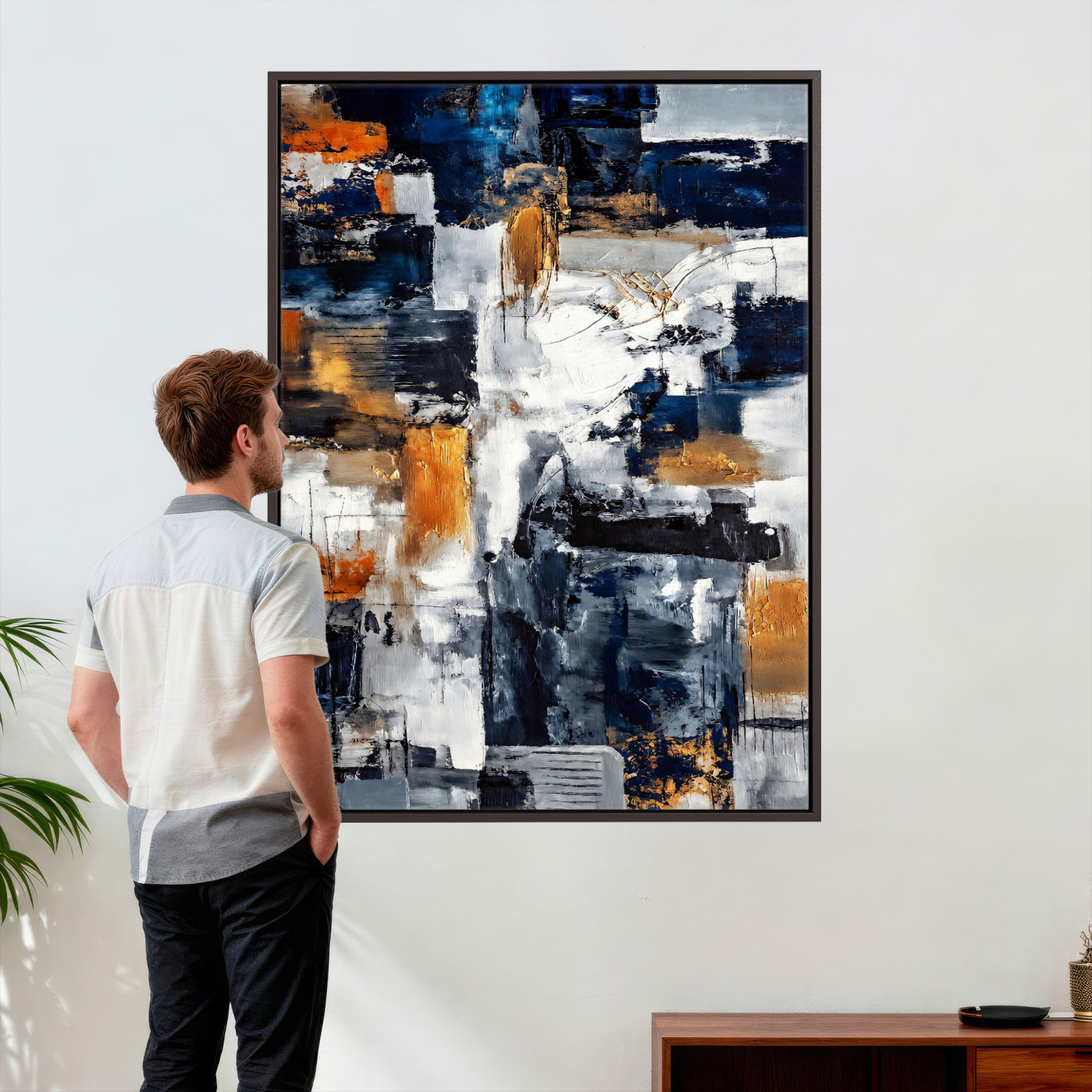 85264820-MGV-CV-24X36 - Blue Teal Abstract Canvas Wall Art, Modern Textured Painting Print, Navy Orange White Contemporary Art, Neutral Living Room Decor, Office Art