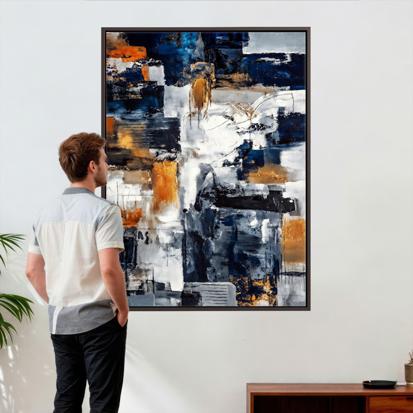 85264820-MGV-CV-24X36 - Blue Teal Abstract Canvas Wall Art - Modern Textured Painting Print, Navy Orange White Contemporary Art, Neutral Living Room Decor, Office Art