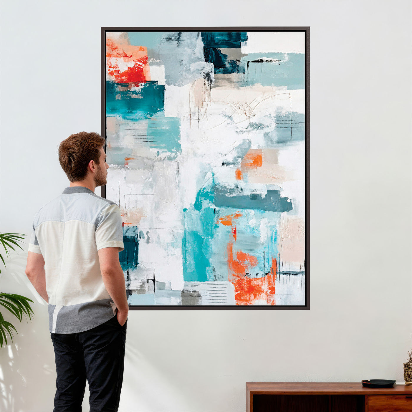 47011485-MGV-CV-24X36 - Blue Teal Abstract Canvas Wall Art, Modern Textured Painting Print, Navy Orange White Contemporary Art, Neutral Living Room Decor, Office Art