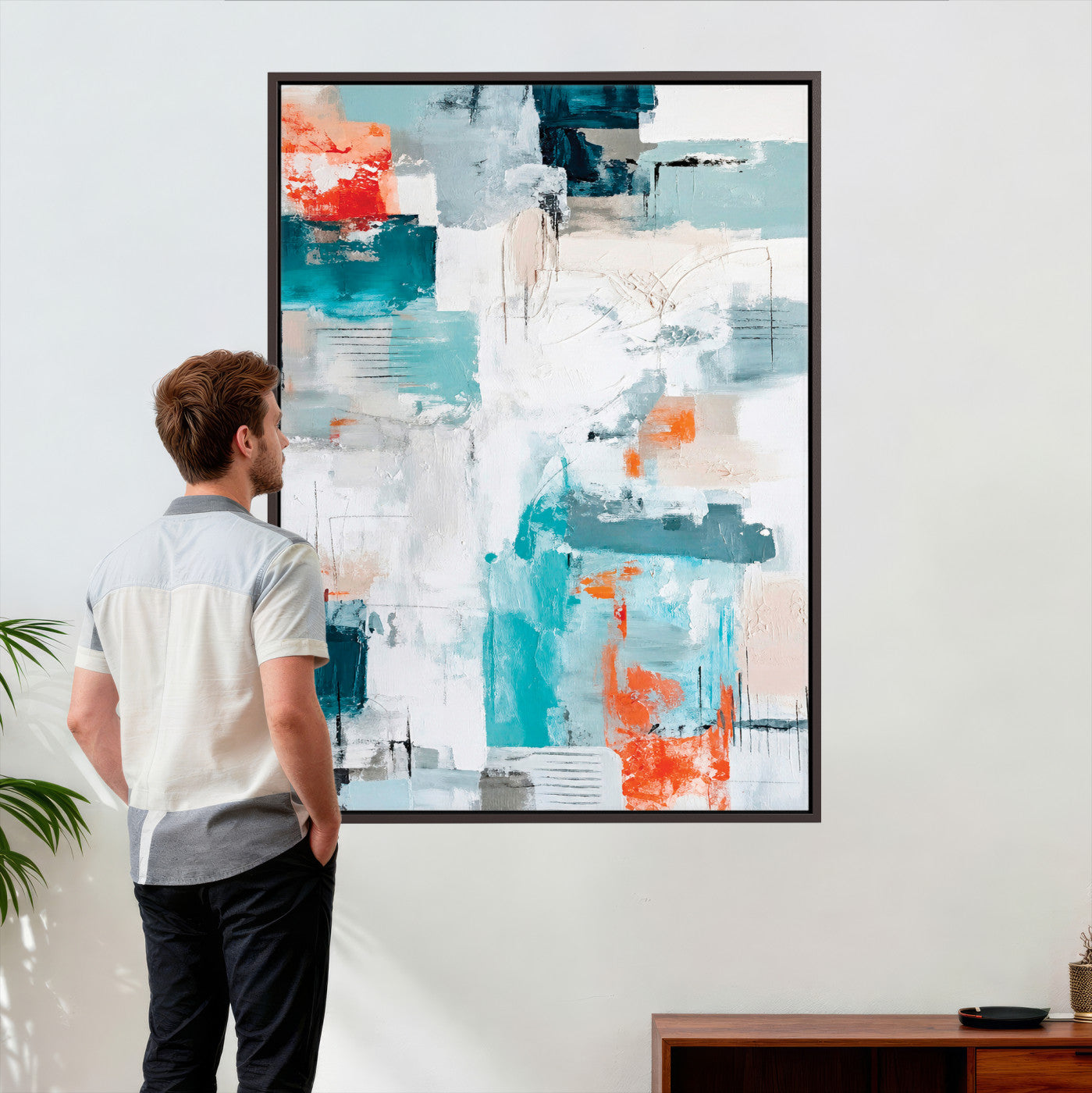 47011485-MGV-CV-24X36 - Blue Teal Abstract Canvas Wall Art, Modern Textured Painting Print, Navy Orange White Contemporary Art, Neutral Living Room Decor, Office Art