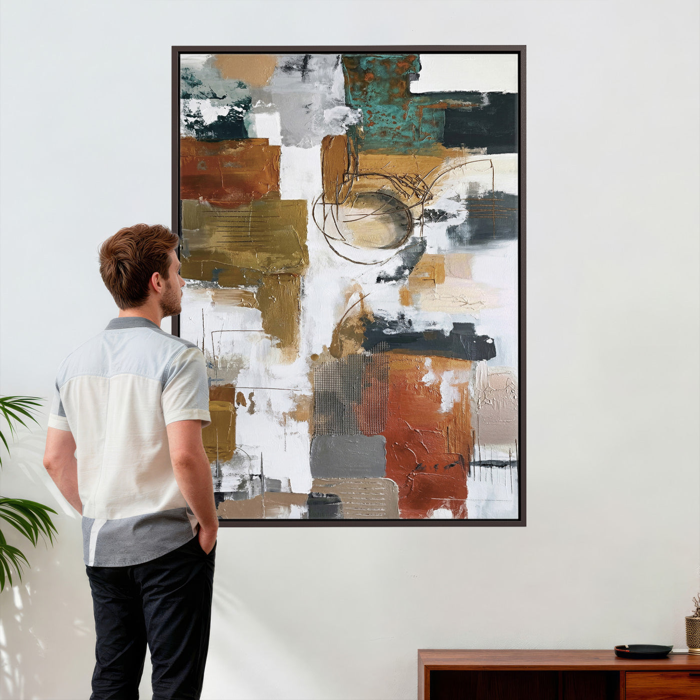 71530836-MGV-CV-24X36 - Blue Teal Abstract Canvas Wall Art, Modern Textured Painting Print, Navy Orange White Contemporary Art, Neutral Living Room Decor, Office Art