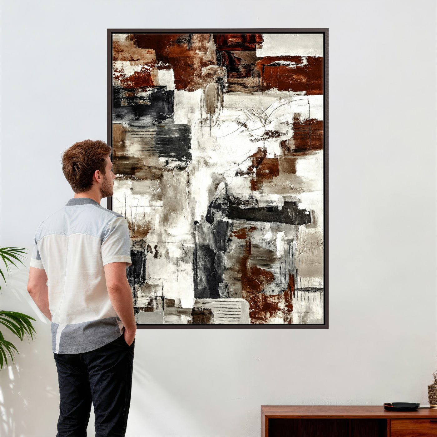 23953633-MGV-CV-24X36 - Blue Teal Abstract Canvas Wall Art, Modern Textured Painting Print, Navy Orange White Contemporary Art, Neutral Living Room Decor, Office Art