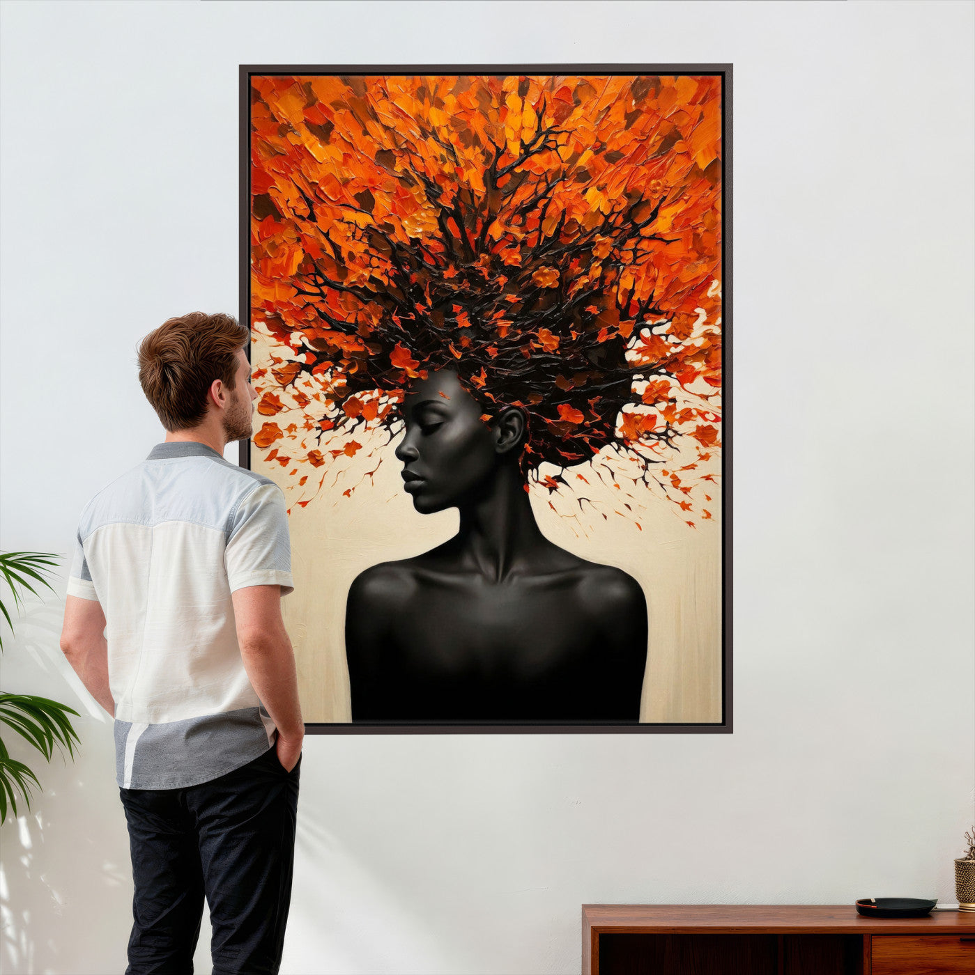 99995103-MGV-CV-24X36 - Black Woman Autumn Tree Canvas Wall Art Surreal African Portrait Painting Print