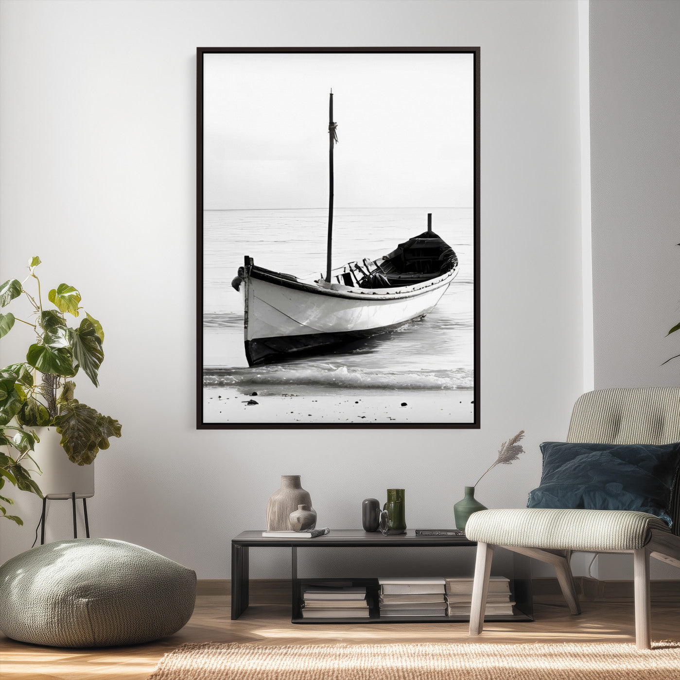 13080776-MGV-CV-24X36 - Minimal Boat Wall Art Canvas Print – Black and White Coastal Photography Artwork Print for Living Room, Bedroom, and Office Decor
