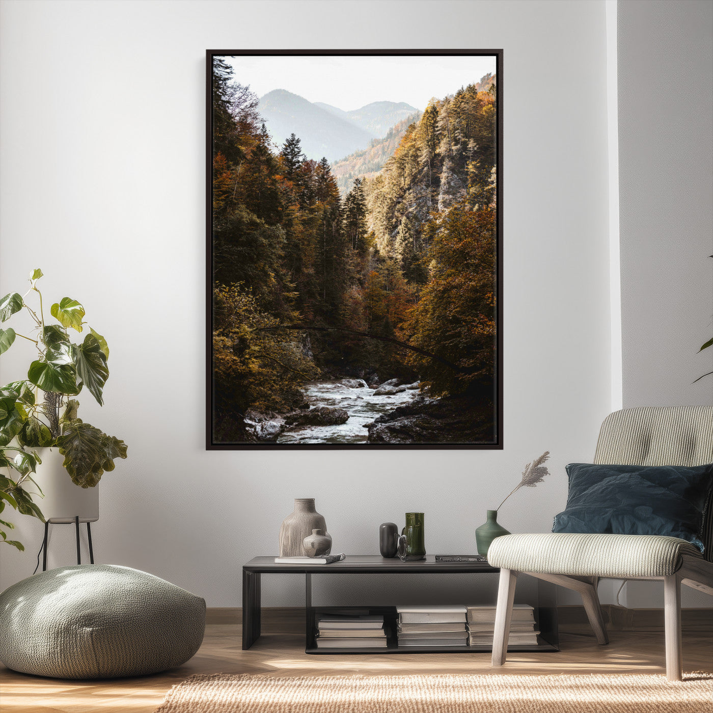 73651627-MGV-CV-24X36 - Autumn Forest Mountain Wall Art Canvas Print, Nature Landscape Wall Decor, Scenic River Forest Artwork, Rustic Woodland Canvas Wall Art, Framed Canvas Wall Art Ready to Hangq