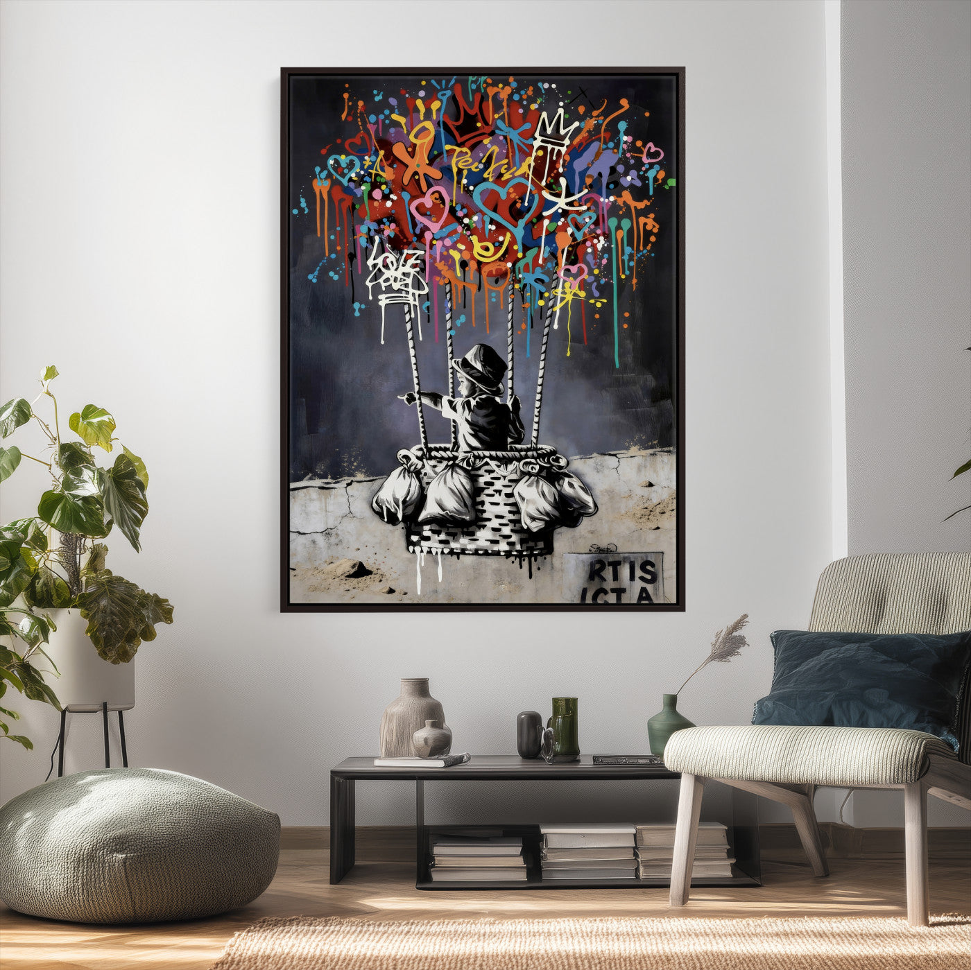 56325542-MGV-CV-24X36 - Banksy Inspired Boy Swing Wall Art Canvas Print, Graffiti Balloon Hearts Street Art, Colorful Urban Mural Artwork for Modern Living Room Decor