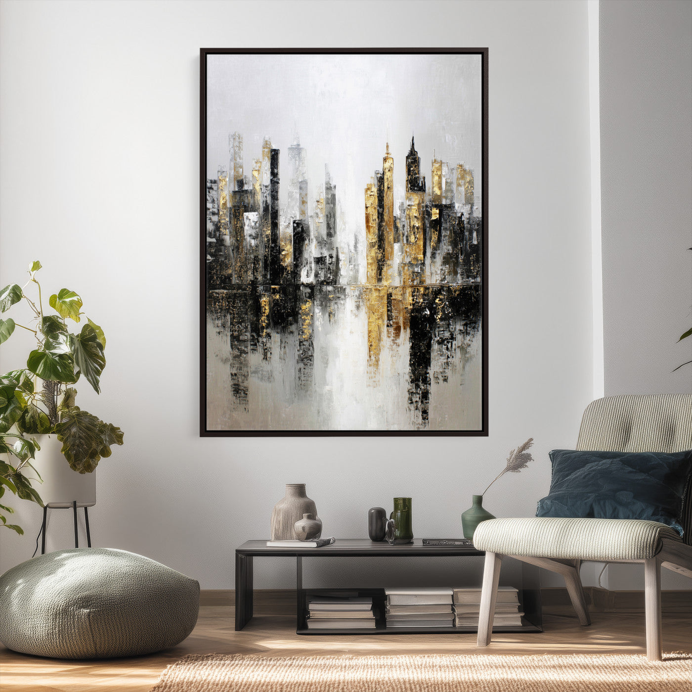 38126217-MGV-CV-24X36 - Abstract Urban Reflection Wall Art Canvas Print, Gold Black Modern Architecture Canvas Print, Contemporary Moody City Artwork for Living Room Decor