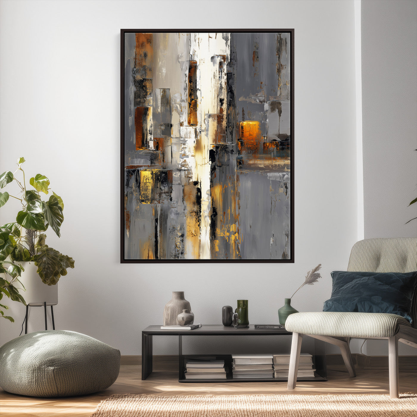 35992080-MGV-CV-24X36 - Abstract Urban Reflection Wall Art Canvas Print, Gold Black Modern Architecture Canvas Print, Contemporary Moody City Artwork for Living Room Decor