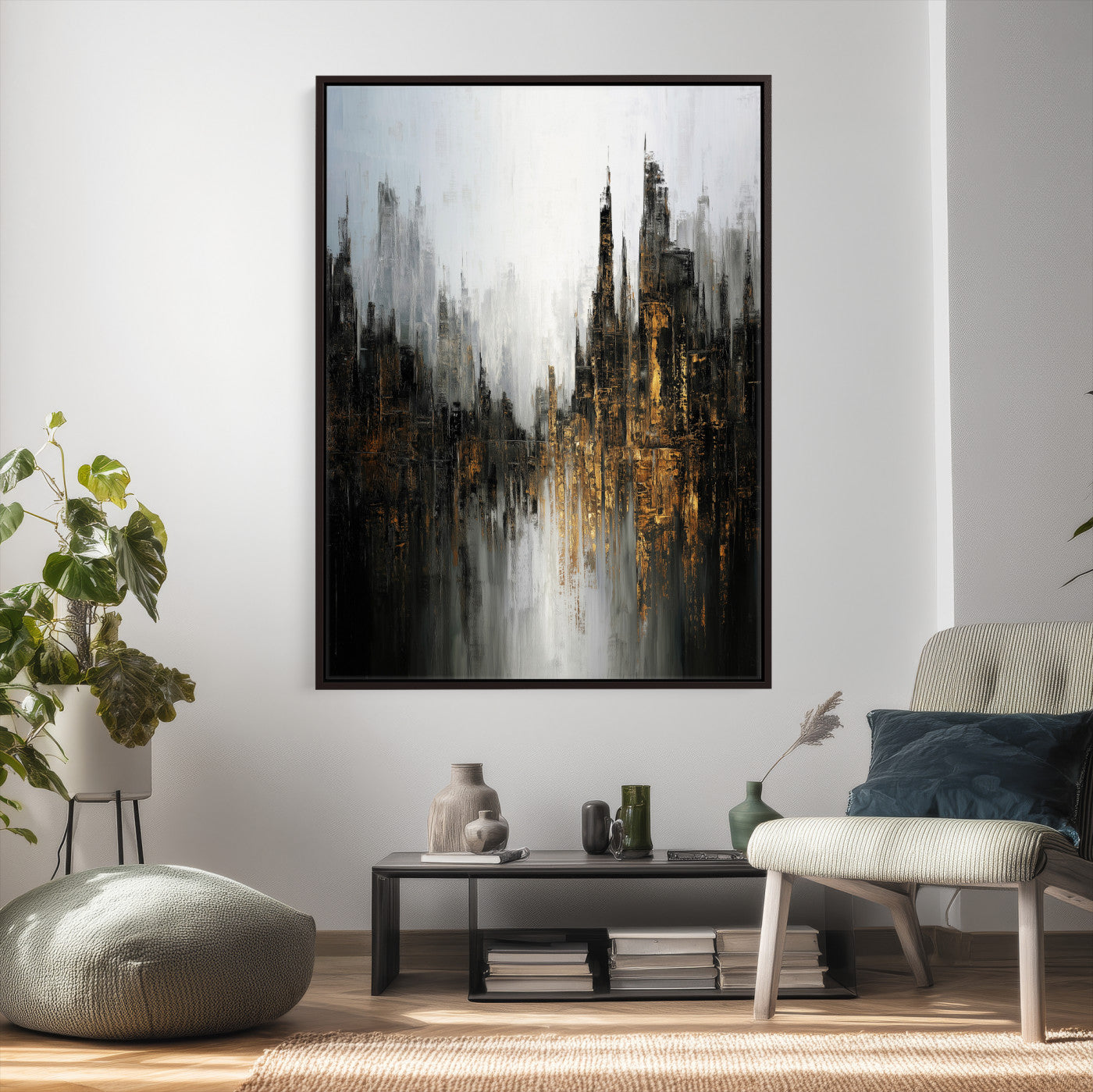 39629486-MGV-CV-24X36 - Abstract Urban Reflection Wall Art Canvas Print, Gold Black Modern Architecture Canvas Print, Contemporary Moody City Artwork for Living Room Decor