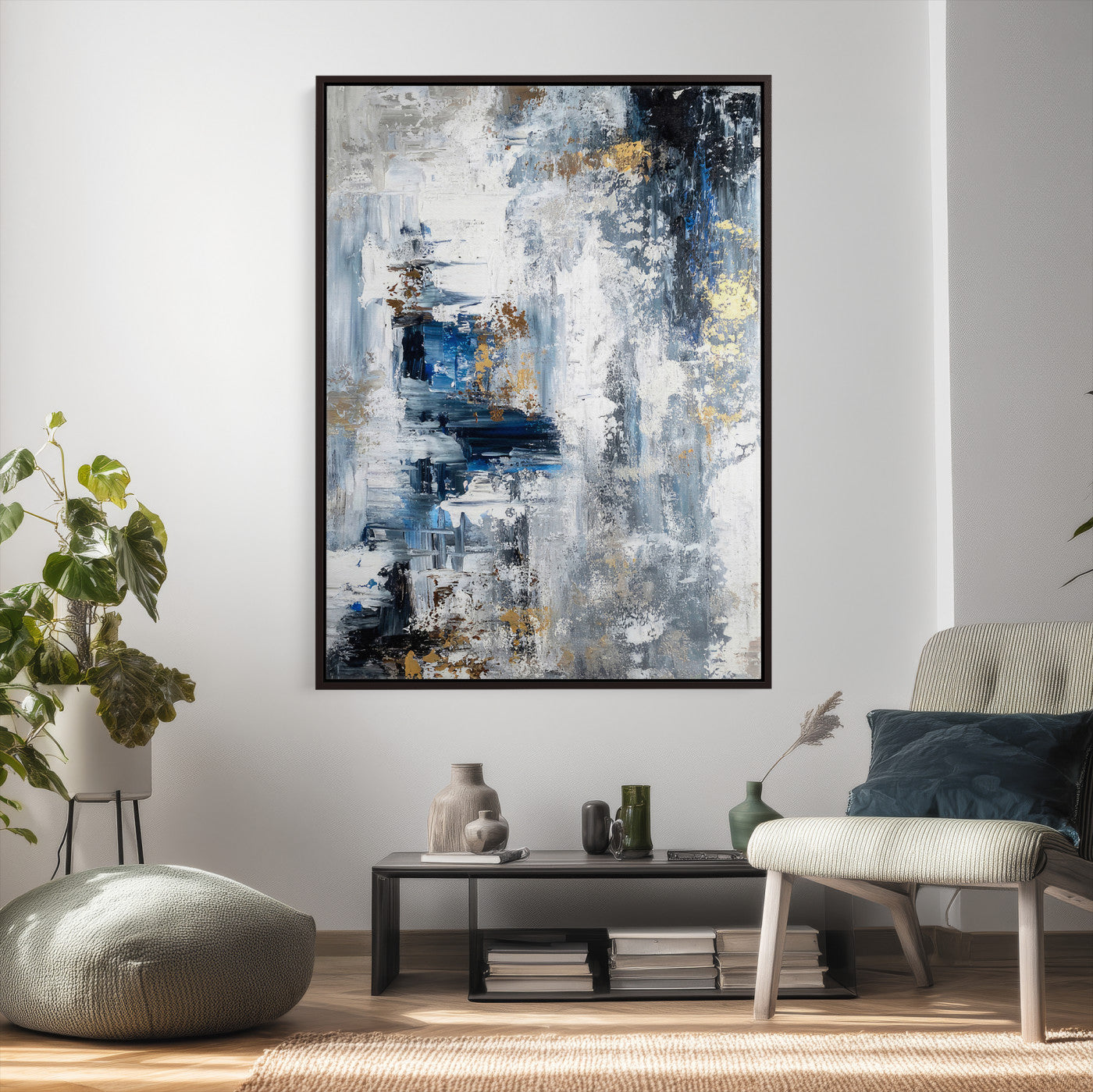 3962948988-MGV-CV-24X36 - Blue Abstract Wall Art Canvas Print, Gold Black Modern Architecture Canvas Print, Contemporary Moody City Artwork for Living Room Decor