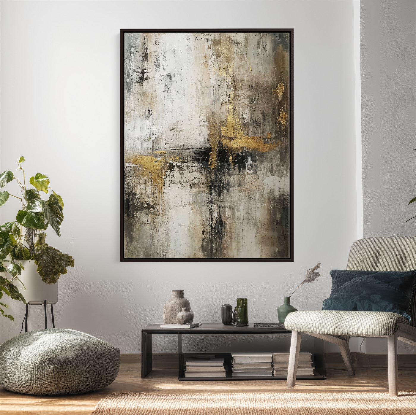 381262454-MGV-CV-24X36 - Framed Abstract Wall Art Canvas Print, Gold Black Modern Architecture Canvas Print, Contemporary Moody City Artwork for Living Room Decor