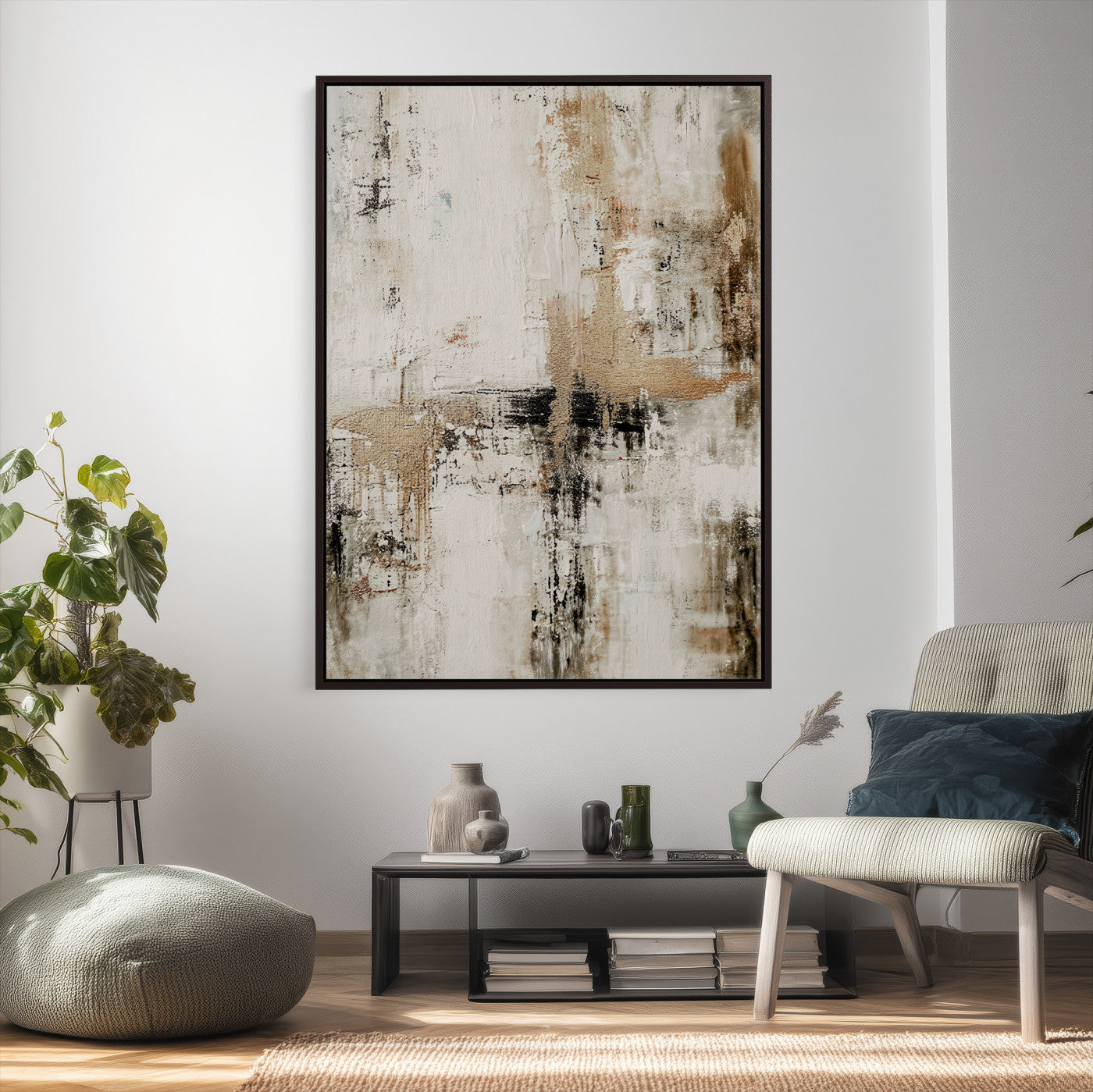 381262454-MGV-CV-24X36 - Neutral Abstract Wall Art Canvas Print, Beige Black Textured Modern Canvas Print, Minimalist Contemporary Artwork for Living Room Decor