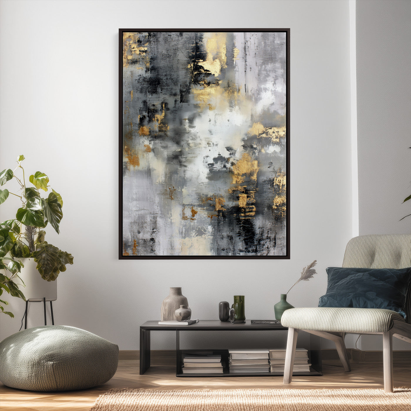 381262454543-MGV-CV-24X36 - Gray Gold Abstract Wall Art Canvas Print, Textured Modern Canvas Print, Minimalist Contemporary Artwork for Living Room Decor