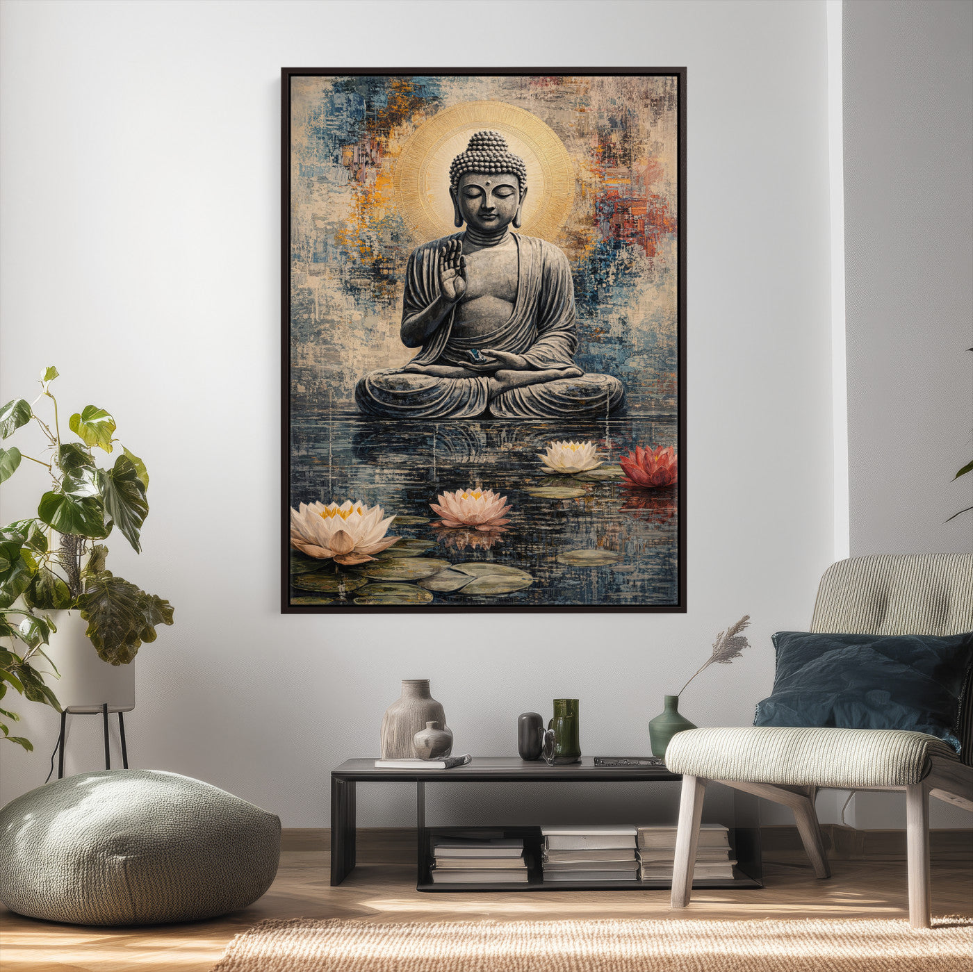 3812625445543-MGV-CV-24X36 - Serene Buddha with Lotus Flowers | Tranquil Meditation Art | Zen Wall Decor for Mindful Living Spaces | Spiritual Canvas Print