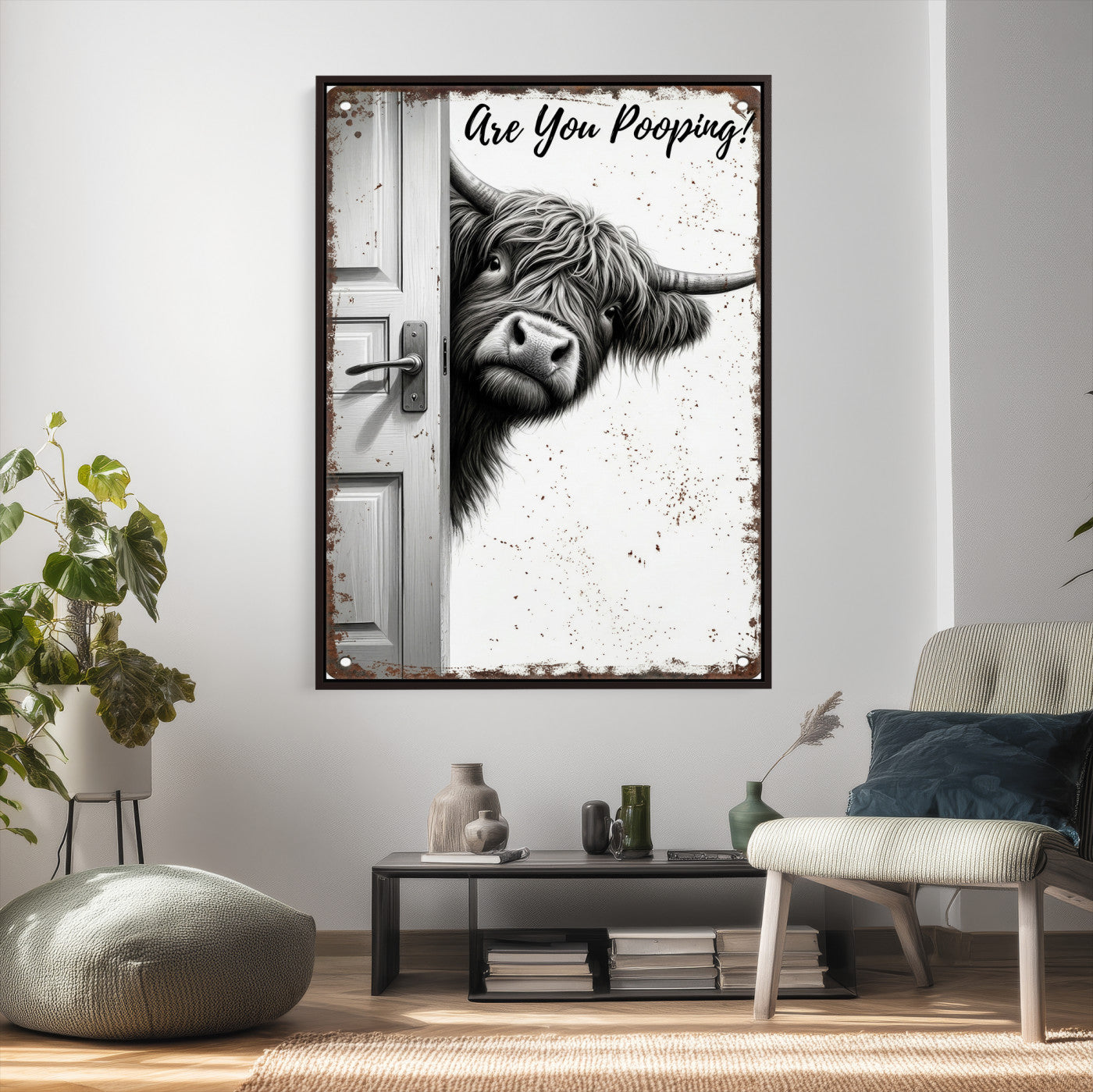 8151788G6-MGV-CV-24X36 - Funny Highland Cow Bathroom Wall Art Canvas Print, Are You Pooping Cow Sign, Rustic Farmhouse Bathroom Decor