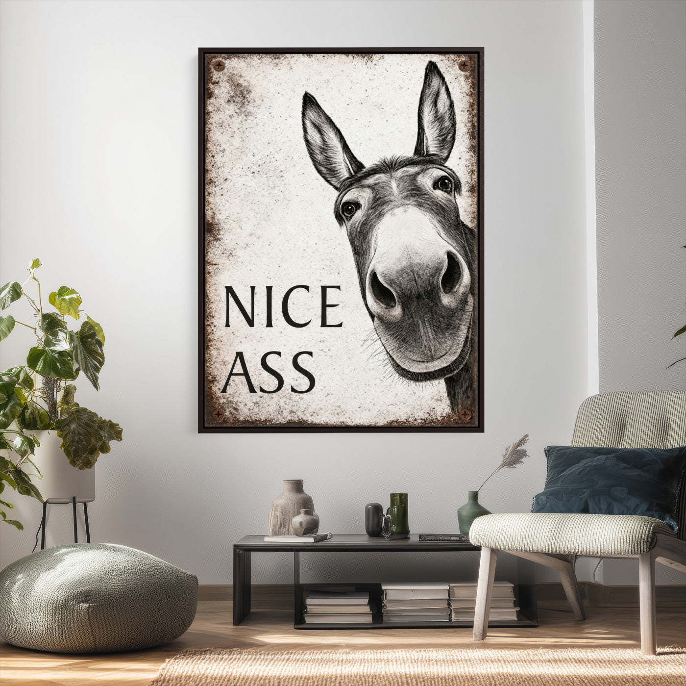 8151788R6-MGV-CV-24X36 - Funny Donkey Bathroom Wall Art Canvas Print, Nice Ass Farm Animal Sign, Rustic Farmhouse Humor Decor, Toilet Wall Art