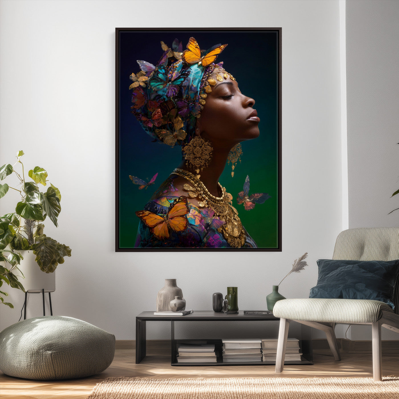 620930SZC0-MGV-CV-24X36 - Butterfly Crown Gold Woman Portrait — Monarch Queen Canvas Print | Teal Dark Fantasy Art | Boho Bedroom Wall Decor | Empowerment Gift Her