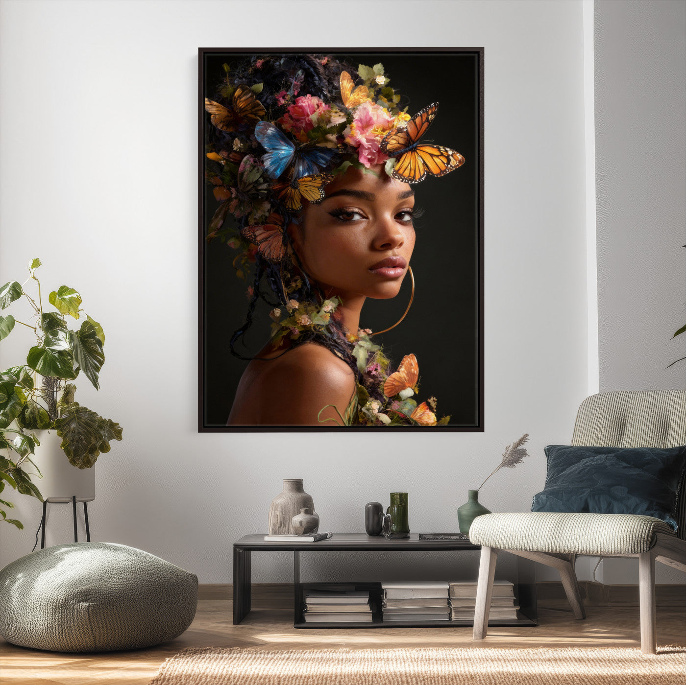 620930SZC10-MGV-CV-24X36 - Butterfly Crown Gold Woman Portrait — Monarch Queen Canvas Print | Teal Dark Fantasy Art | Boho Bedroom Wall Decor | Empowerment Gift Her