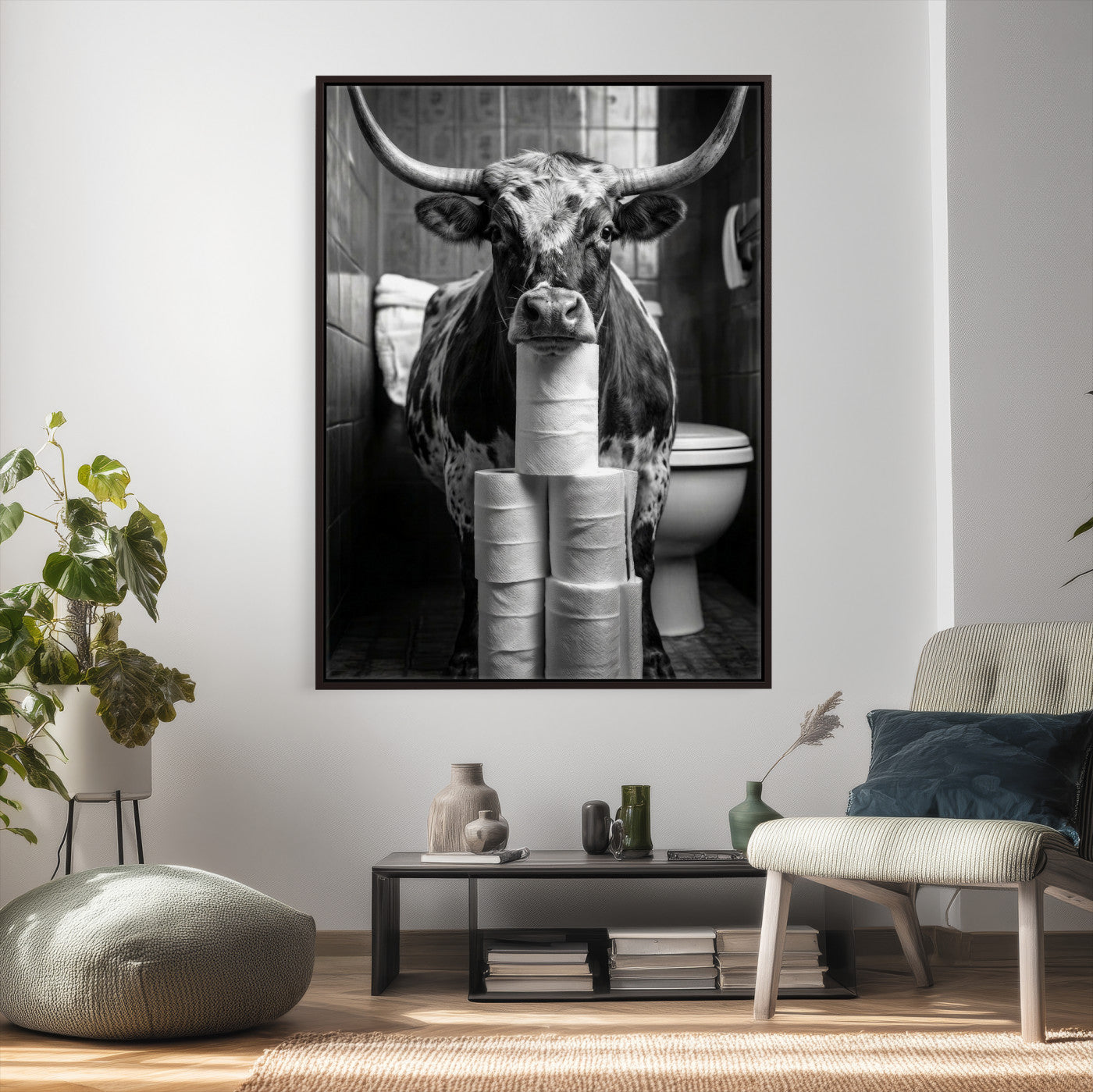 79259956-MGV-CV-24X36 - Texas Longhorn Cow Toilet Paper Canvas Wall Art, Funny Bathroom Black White Print, Cute Animal Humor Decor, Quirky Farmhouse Bathroom Art, Cow Lover Gift