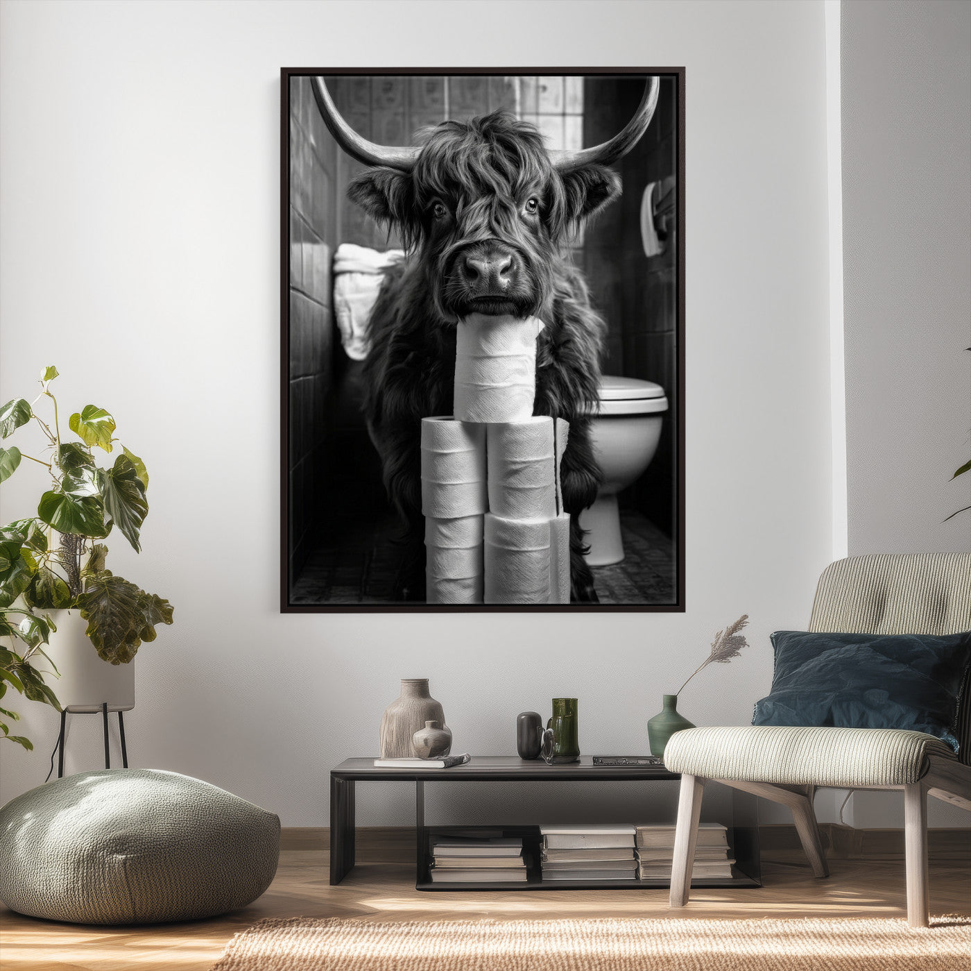 95909209-MGV-CV-24X36 - Highland Cow Toilet Paper Canvas Wall Art, Funny Bathroom Black White Print, Cute Animal Humor Decor, Quirky Farmhouse Bathroom Art, Cow Lover Gift