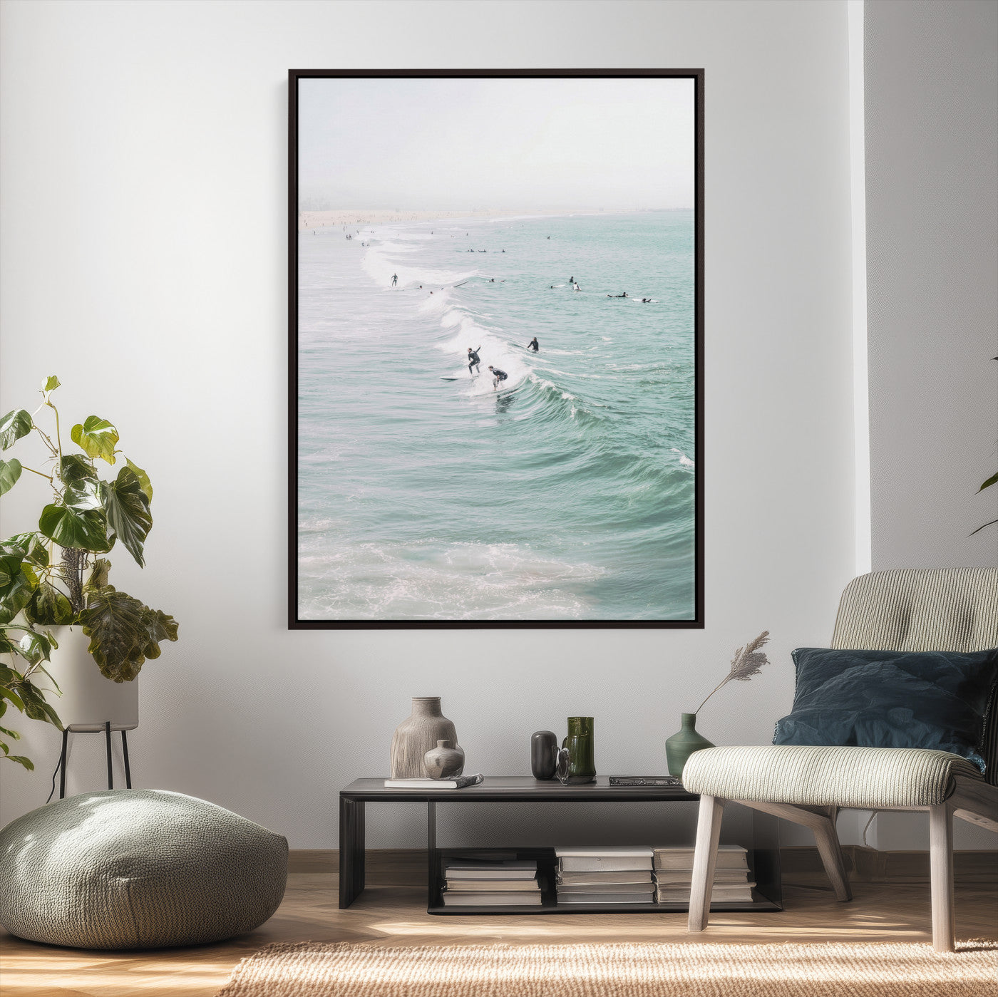 58043762-MGV-CV-24X36 - Surfers on Waves Canvas Wall Art, Aerial Ocean Photography Print, Mint Green Surf Decor, California Beach House Art, Coastal Sports Wall Decor