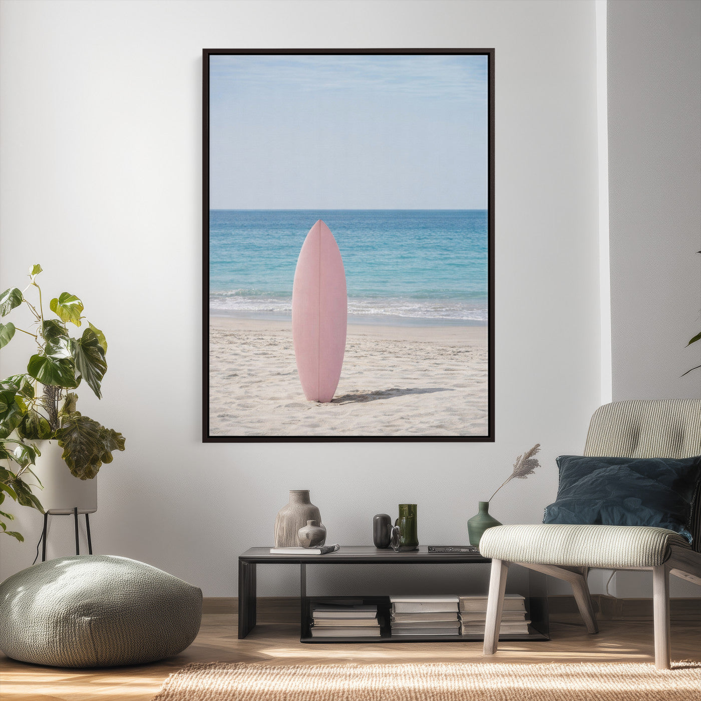 17265103-MGV-CV-24X36 - Pink Surfboard Canvas Wall Art, Minimalist Beach Photography Print, Pastel Ocean Coastal Decor, Girl Beach Room Art, Aesthetic Summer Wall Print