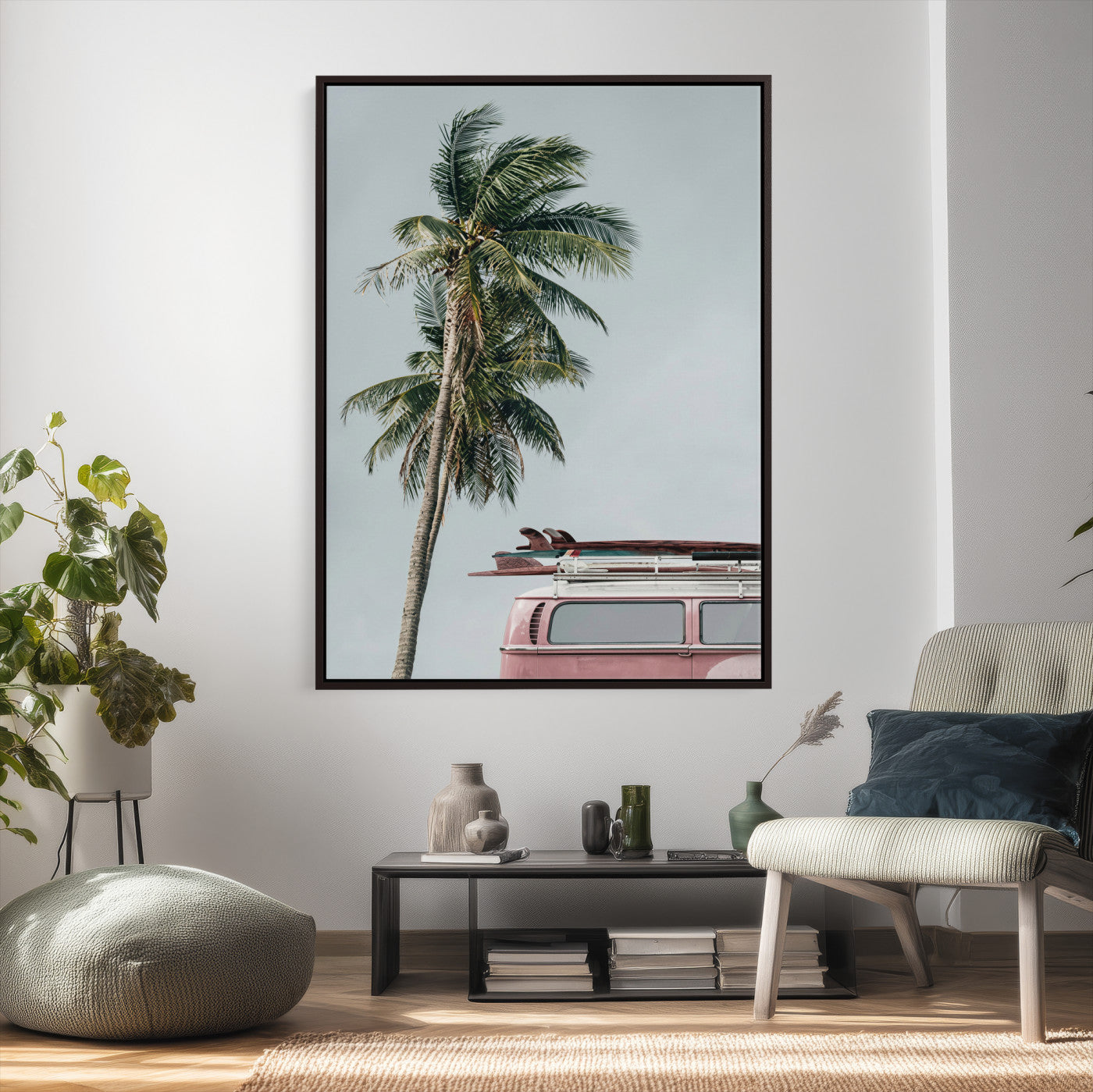 73117797-MGV-CV-24X36 - VW Van Palm Tree Canvas Wall Art, Pink Camper Surfboards Beach Print, Retro Surf Photography Decor, Coastal Boho Wall Art, Surfer Gift Idea