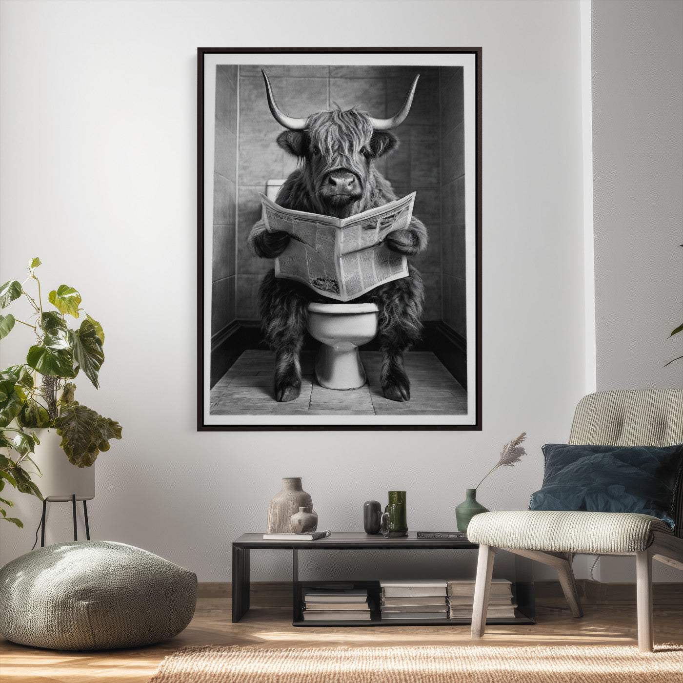 56930218-MGV-CV-24X36 - Funny Bathroom Canvas Wall Art, Texas Longhorn on Toilet Reading Newspaper, Humor Animal Print, Farmhouse Bathroom Decor, Quirky Cow Gift, Toilet Room Art